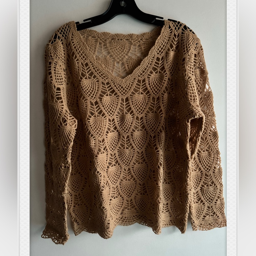 Pointelle Crochet long sleeve sweater V-neck